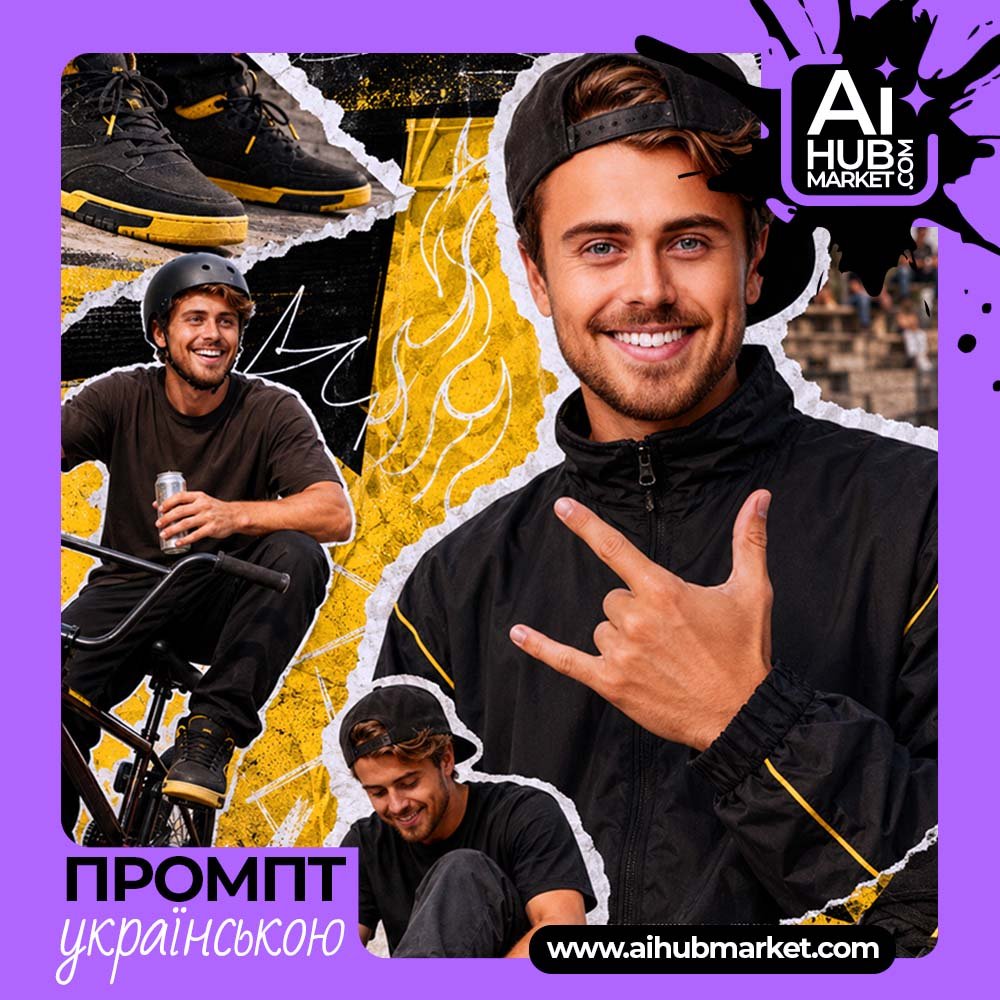 Промпт BMX драйв: streetwear editorial-колаж