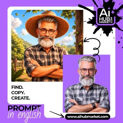 A whimsical cartoon farmer portrait with a straw hat and glasses, surrounded by nature.
