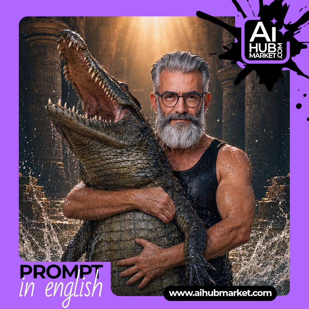 Prompt Cinematic Poster with a Crocodile in a Flooded Temple