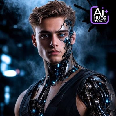 A close-up of a cybernetic face with intricate details and glowing elements.