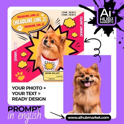 Colorful pop art poster featuring a dog with customizable text for events.