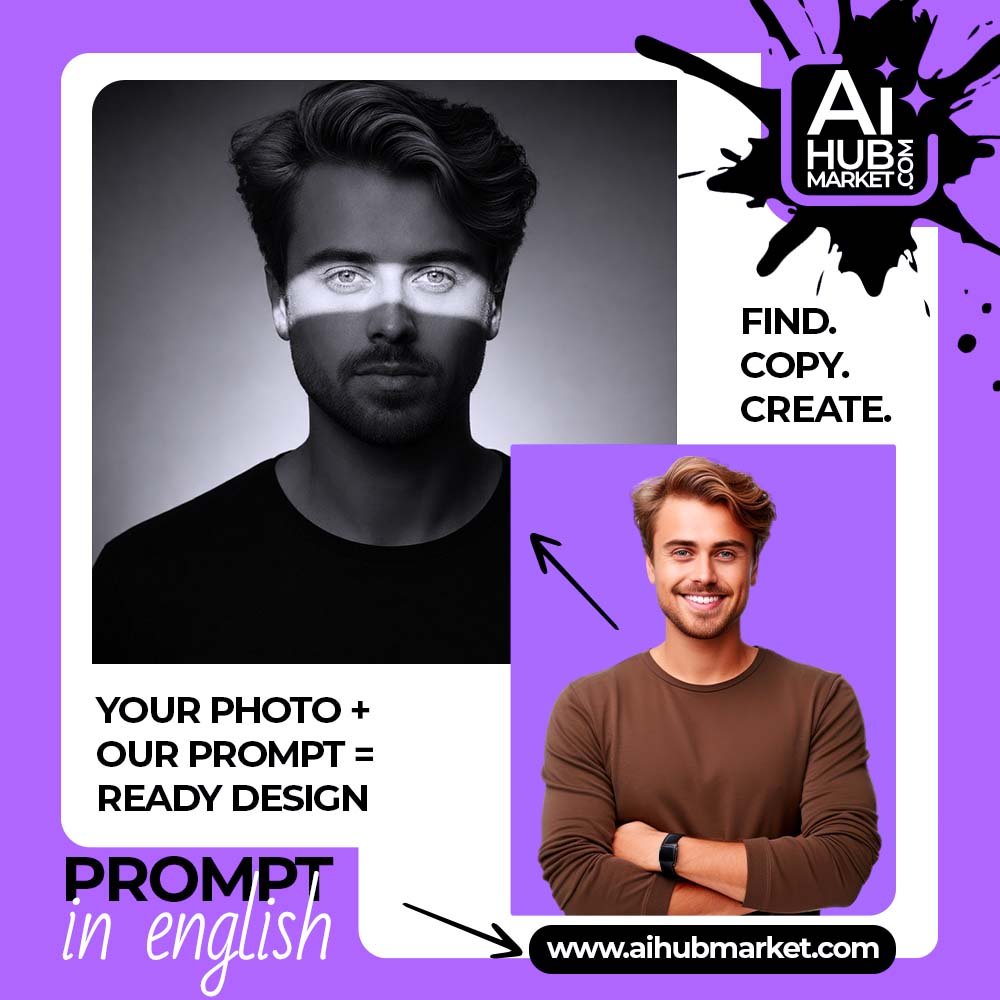 Prompt Dramatic Black-and-White Portrait from Your Photo