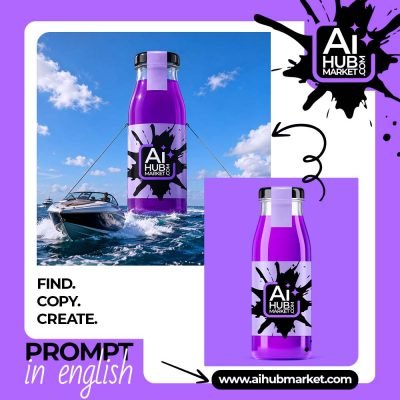 A vibrant ocean-themed advertisement featuring a purple drink bottle and a boat in the background.