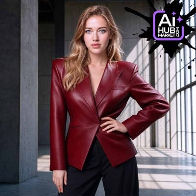 Prompt Fashion Portrait from a Photo in a Red Leather Blazer — generation result example