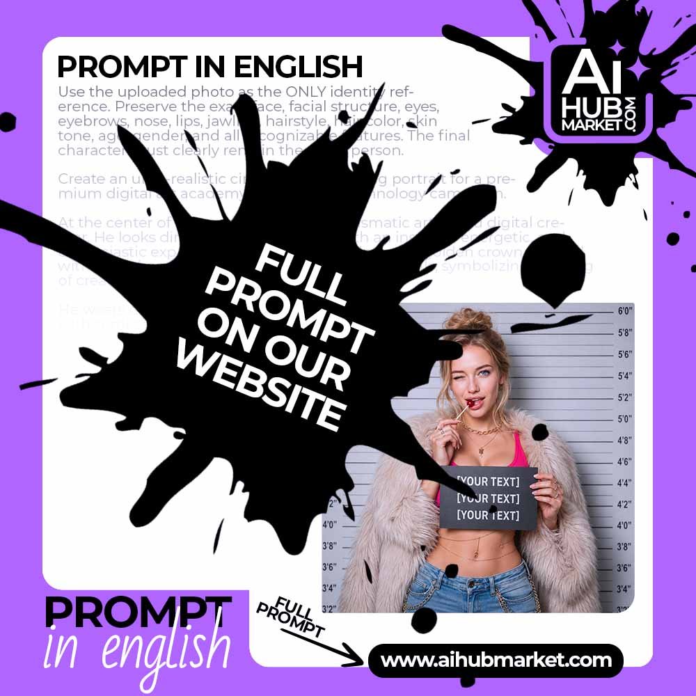Prompt Glam Mugshot Portrait with Custom Text