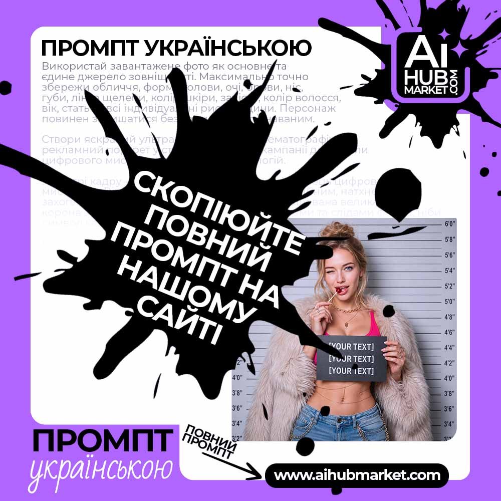 Промпт Гламурний mugshot портрет із власним текстом