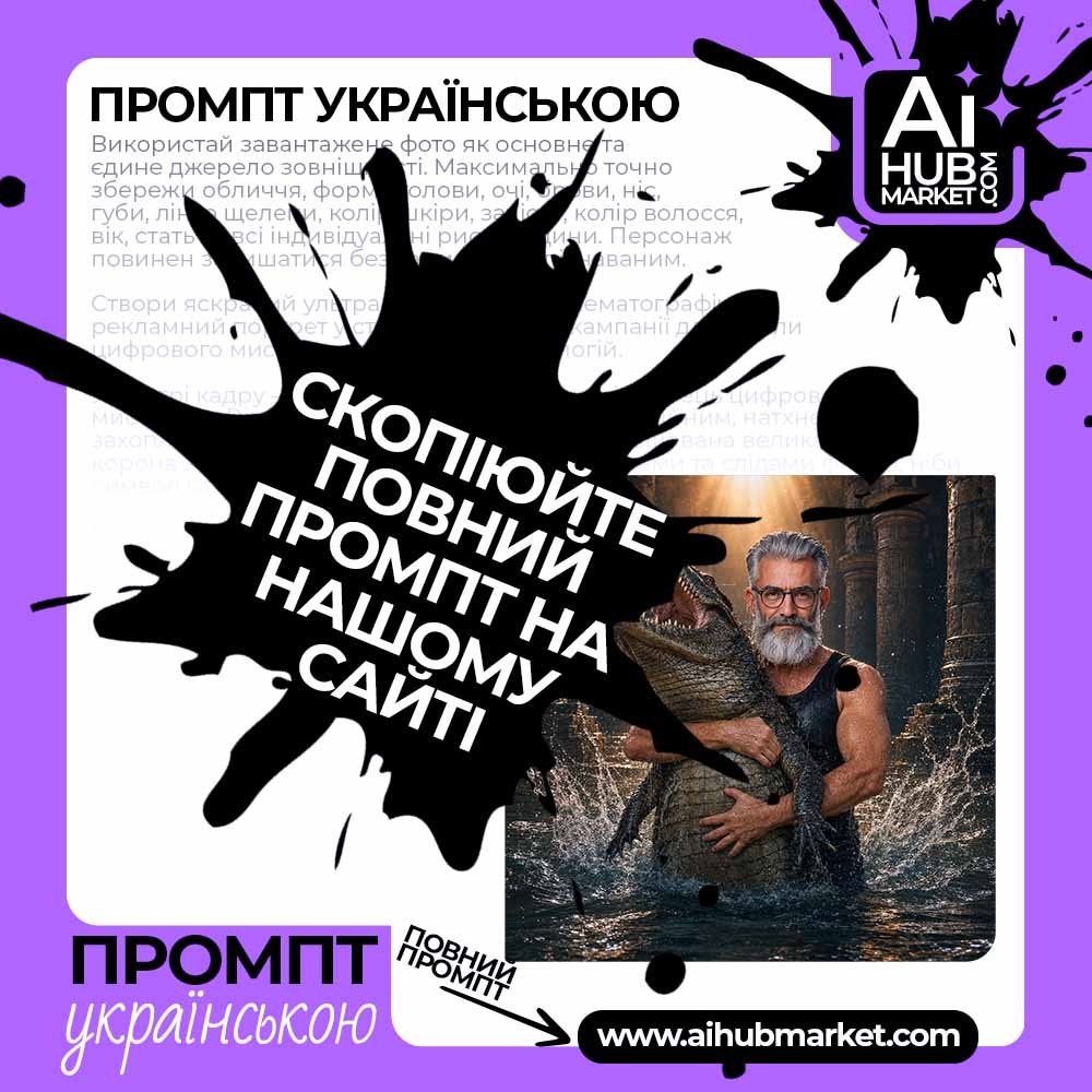 Промпт Кінематографічний постер із крокодилом у затопленому храмі
