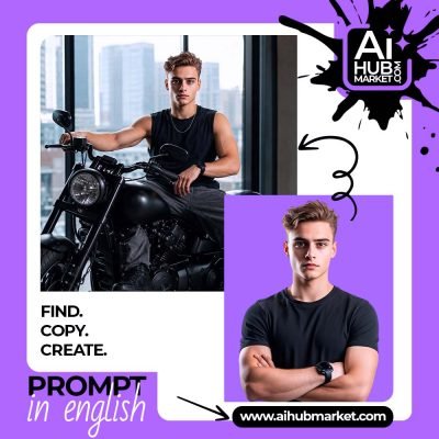 A young man posing confidently on a motorcycle in an urban setting.