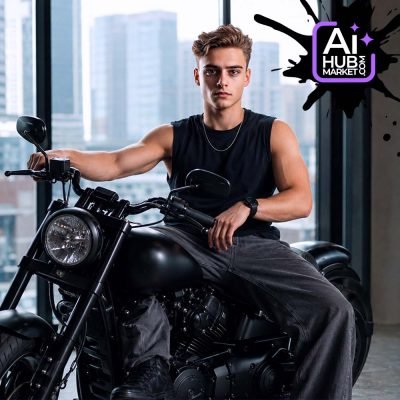 Close-up of a young man on a motorcycle, showcasing a stylish look.