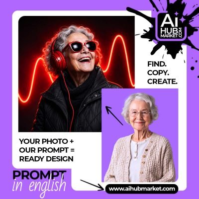 An elderly woman enjoying music with headphones, symbolizing timeless creativity.