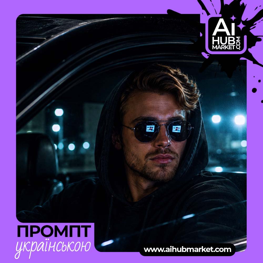Промпт Неонуарний портрет в автомобілі