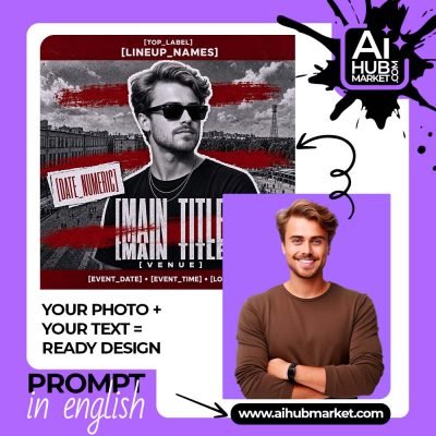 A newspaper-style music event poster featuring a male artist with sunglasses and event details.