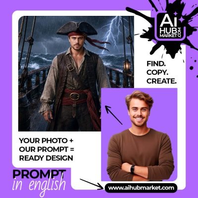A pirate captain stands resolute on a ship during a storm, embodying adventure and bravery.