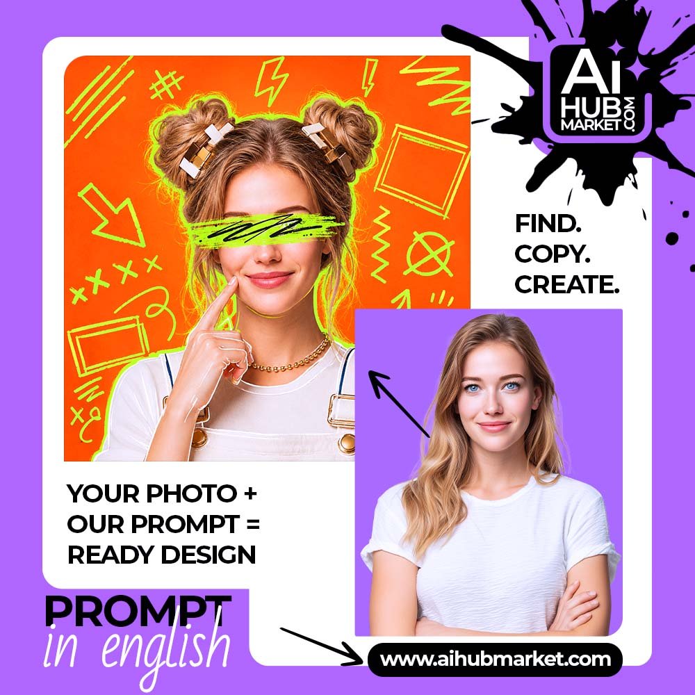 Prompt Pop-Art Fashion Portrait with Doodle Graphics