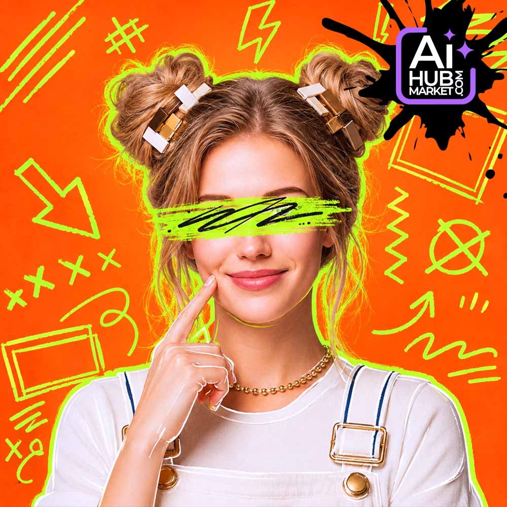 Prompt Pop-Art Fashion Portrait with Doodle Graphics