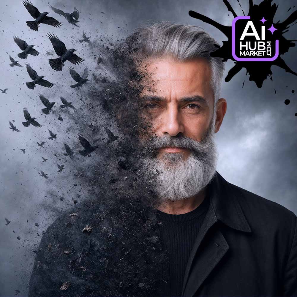 Prompt Portrait from Your Photo Dissolving into Smoke and Black Birds