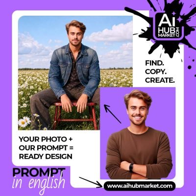 Portrait of a person sitting in a daisy field with a blue sky