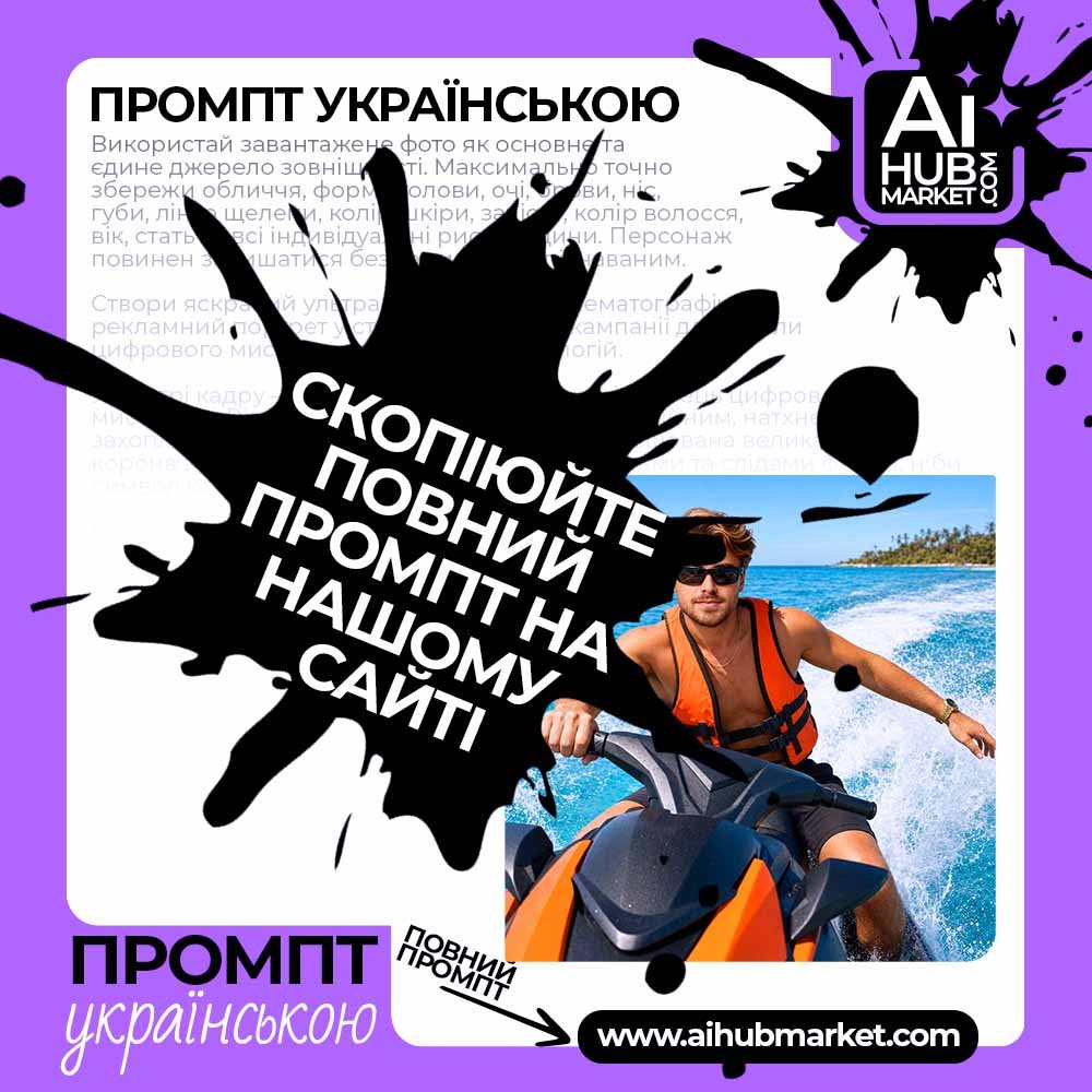 Промпт Портрет із власного фото на гідроциклі в тропічному морі