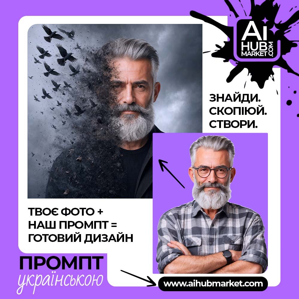 Промпт Портрет із власного фото з розпадом на дим і чорних птахів
