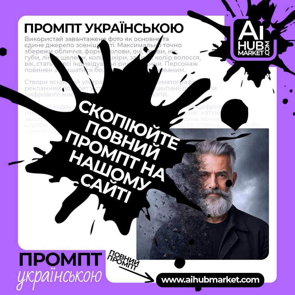 Промпт Портрет із власного фото з розпадом на дим і чорних птахів