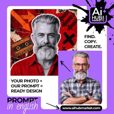 A creative design featuring a man with a beard against a vibrant background