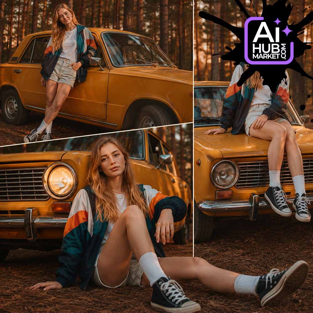 Промпт Ретро фотосесія біля жовтого авто