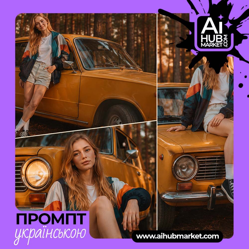 Промпт Ретро фотосесія біля жовтого авто