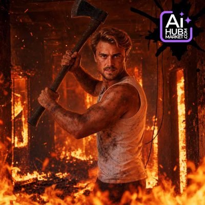 Dramatic scene showcasing a character amidst flames, evoking creativity.