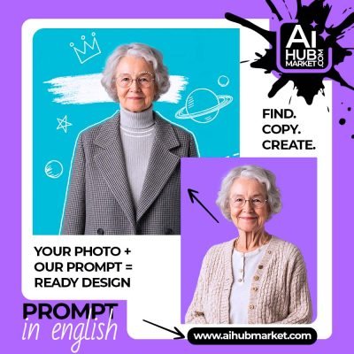 A creative design featuring an elderly woman against a turquoise background with space elements.