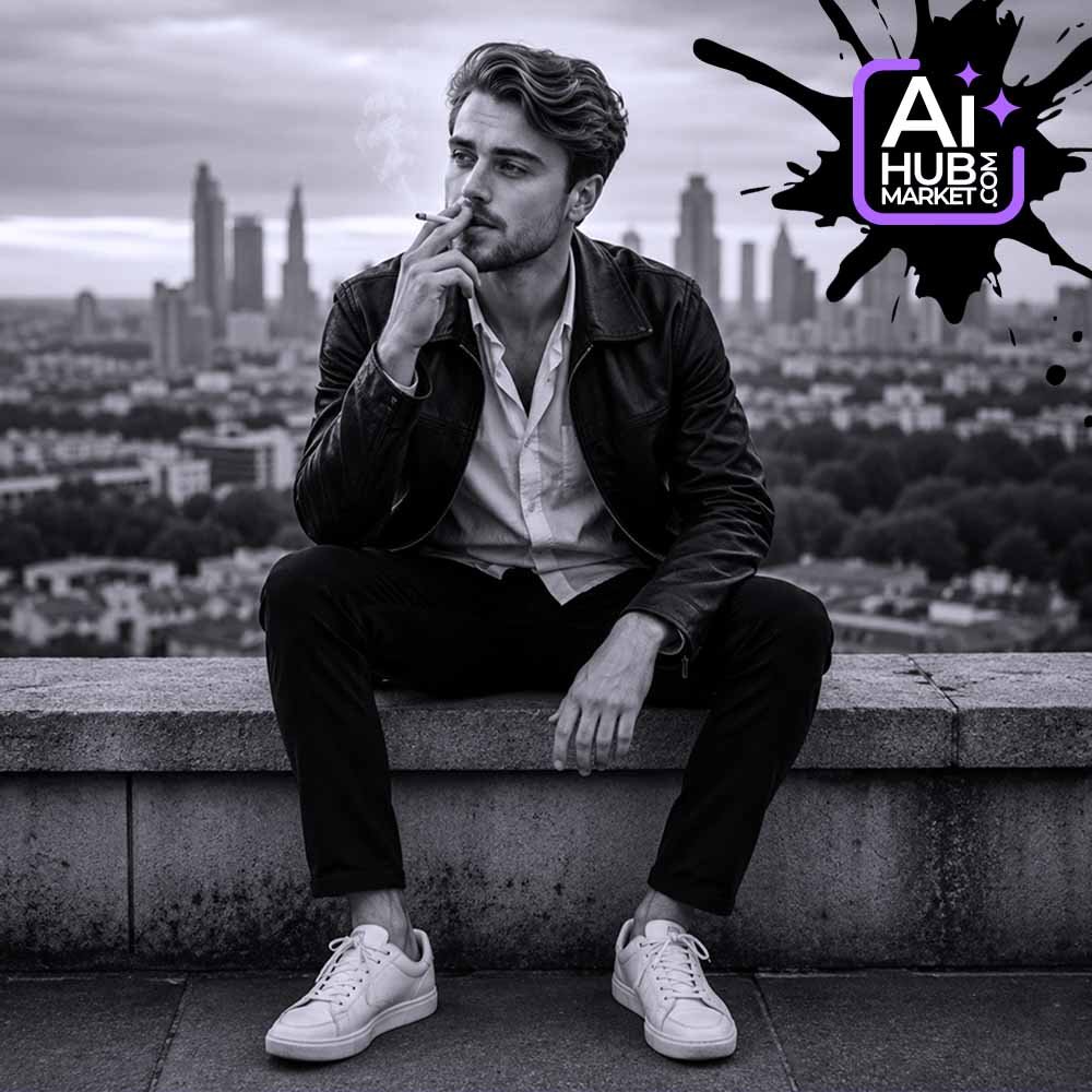 Промпт Задумливий портрет над мегаполісом