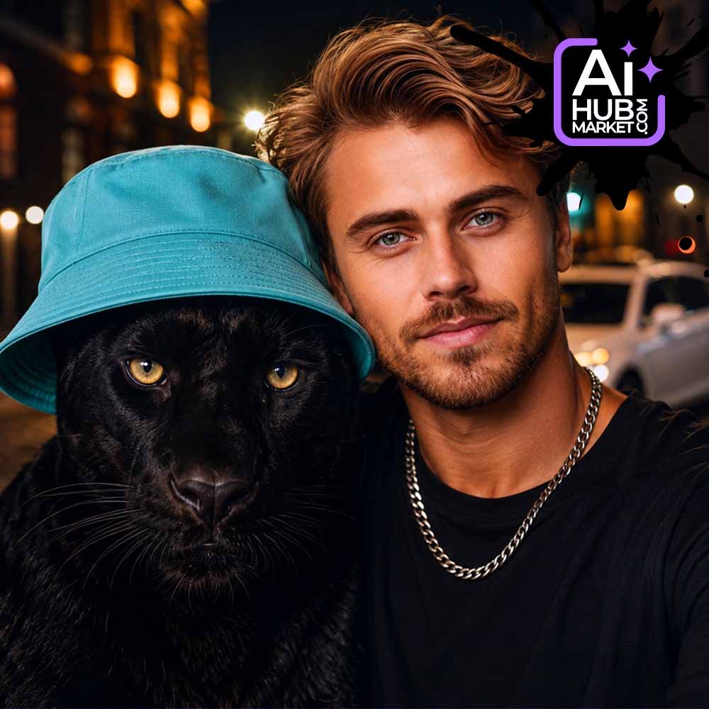 Prompt Night Urban Portrait with a Black Panther