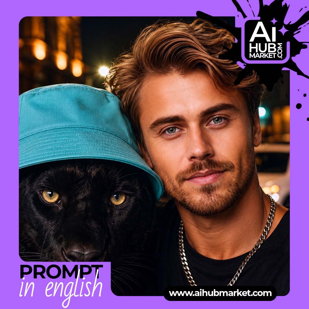 Prompt Night Urban Portrait with a Black Panther
